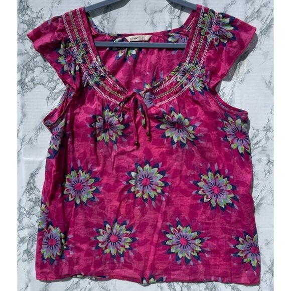 Old Navy Womens Floral Pink Boho Top With Beaded Detail Sz L Lightweight Cotton - Picture 1 of 9